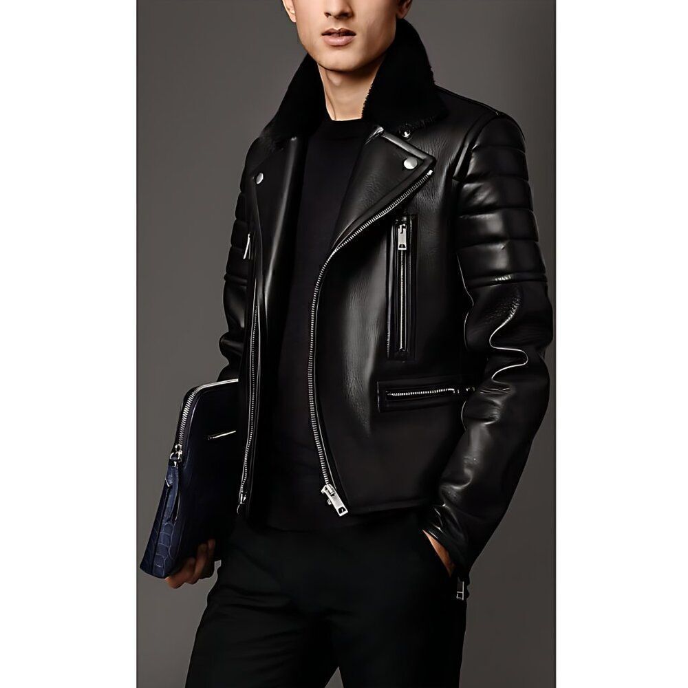 Vintage EUC Burberry London Lambskin Black Leather Biker Jacket Mink Top Collar